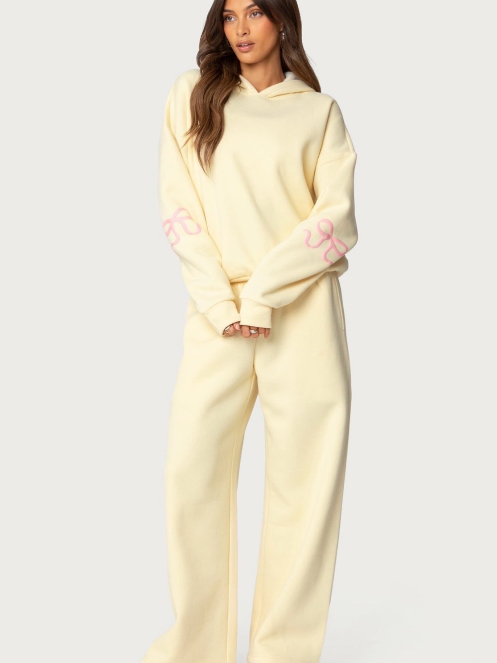 Edikted yellow Hoodie and Wide-Leg Sweatpants with Pink Sleeve Bows size XL